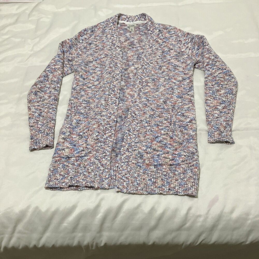 LL Bean Cardigan Pink Blue White Marled Open Cotton Preppy Outdoor Women's XS